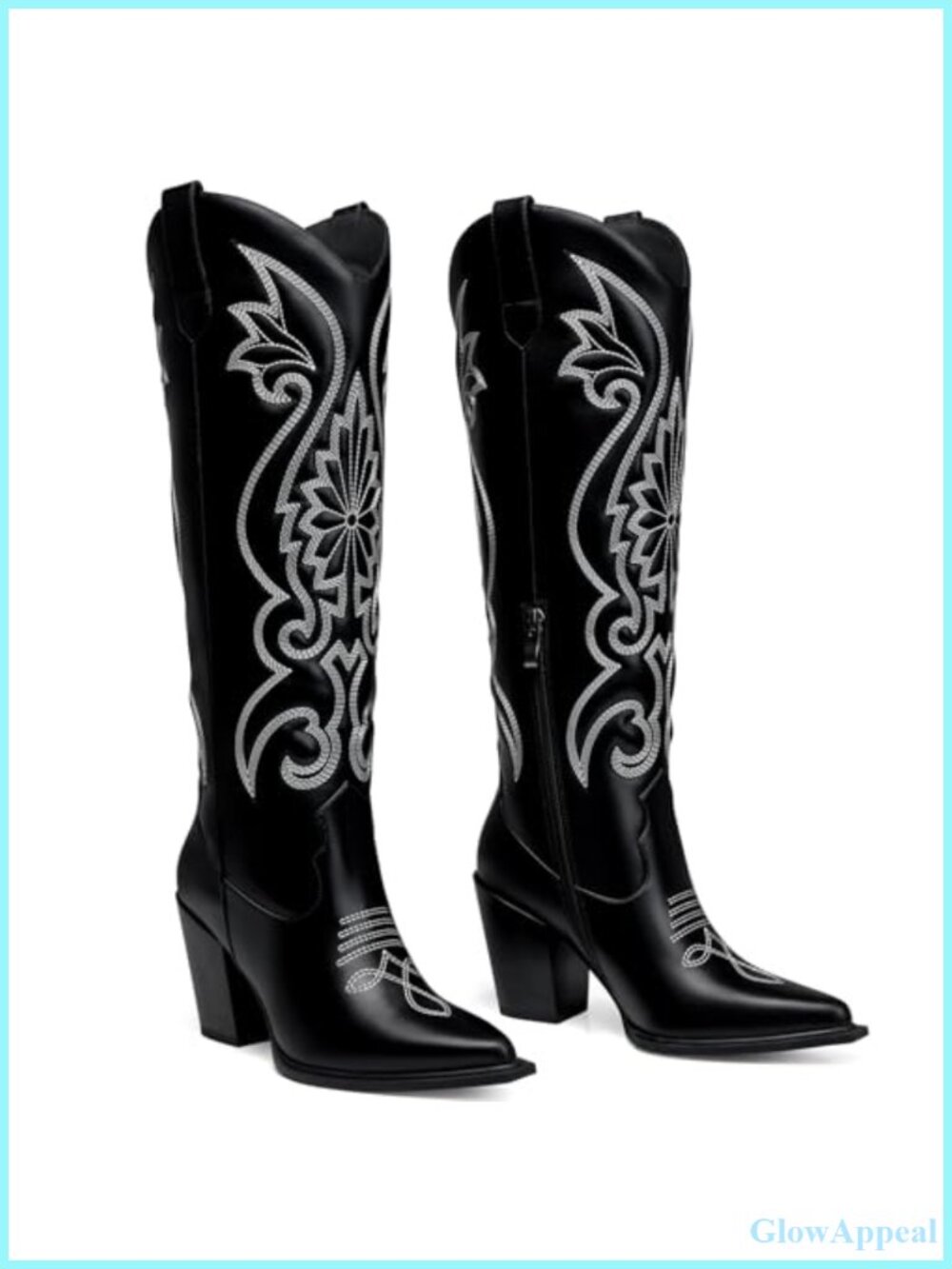 Women's Western Cowboy Knee-High Boots Pointed Toe Block Heel Zip